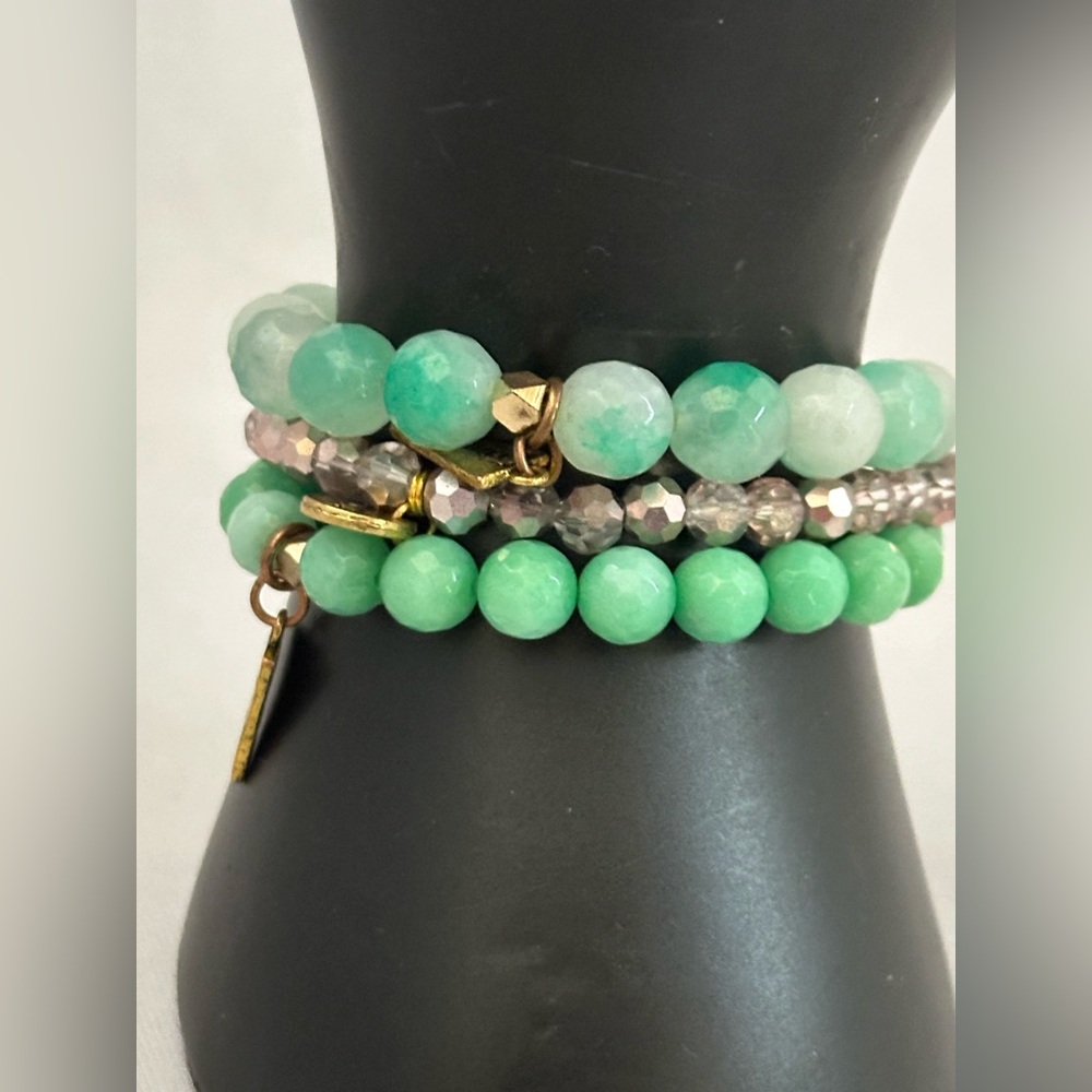 Three Erimish stretch bracelets green stone beads and champagne crystal beads
